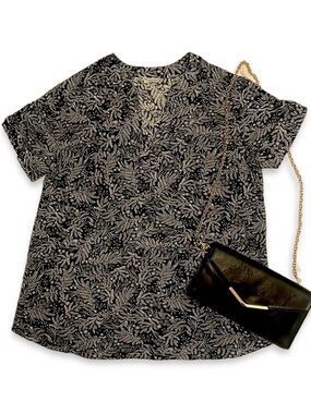 Cleo Petites Black White Floral V Neck Cuffed Top Blouse L